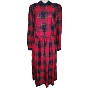 Vintage Lanz Originals Tartan Red Black Plaid Dress Size 14, Long Sleeve Modest